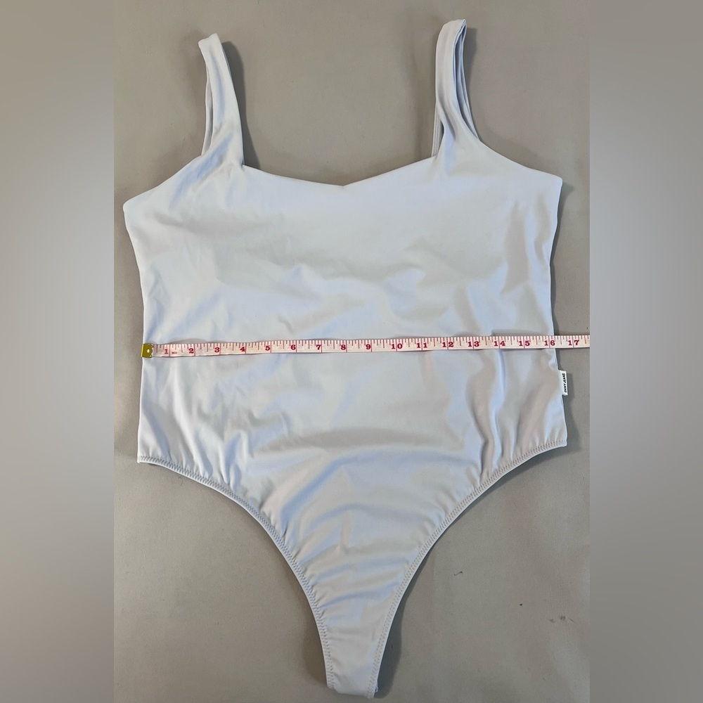 DKNY Jeans Frost Blu Sleeveless Squared Neck Nylon Thong back Bodysuit-NWT Large - Picture 5 of 10